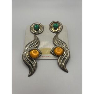 Vintage Made In Italy Clip On Earrings Green Orange Cabochon Dangle Waves Retro